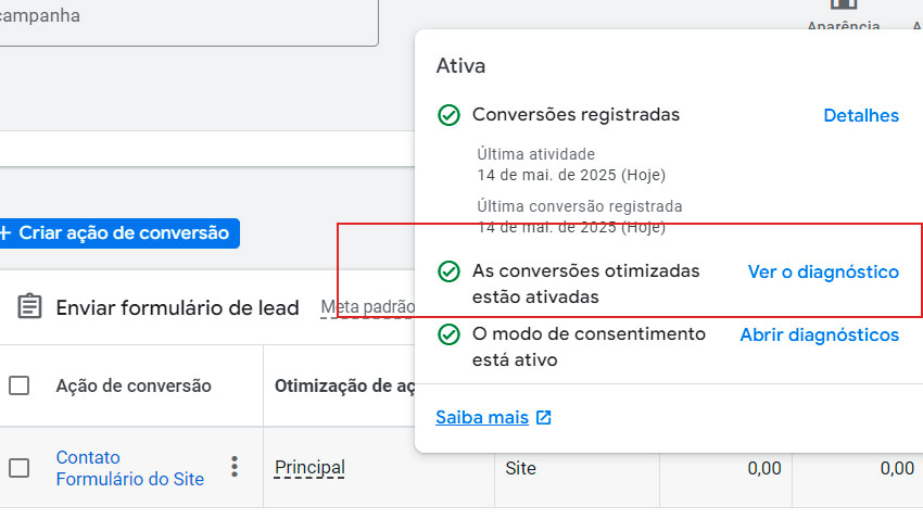 Conversões otimizadas ativadas no Google Ads - Por Aylton Inacio